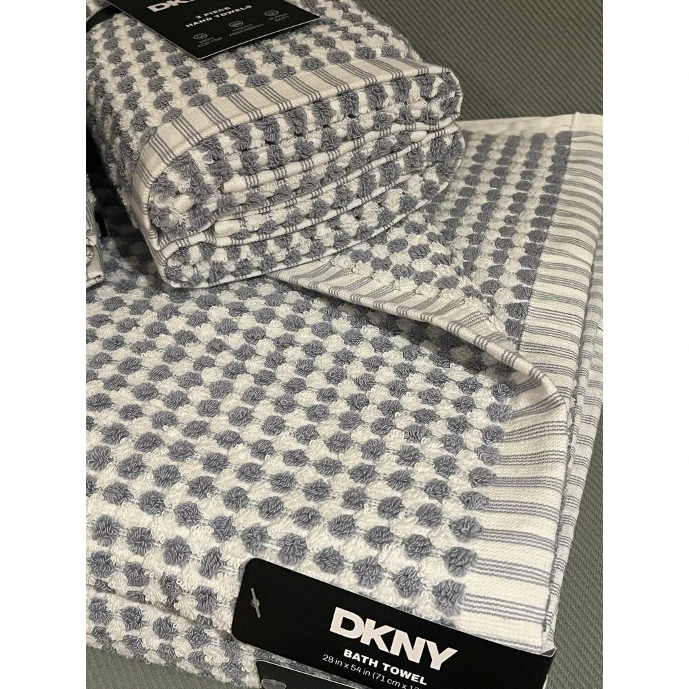 DKNY 2 Bath & 2 Hand Towels & 4 Washcloths Gingham Monet Tile Blue Check 8 Piece